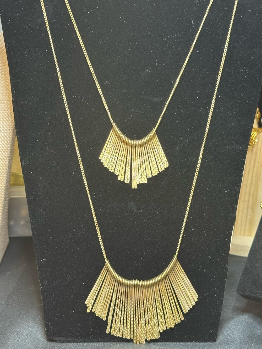 Gold Fringe Layered Necklace Set - Elegant Fan Pendant